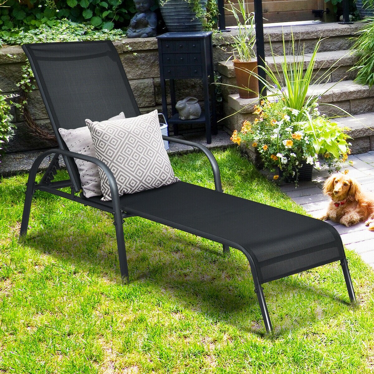 Clihome Outdoor Lounge Chair Black Metal Frame Stationary Chaise Lounge Chair(s) with Black Sling Seat