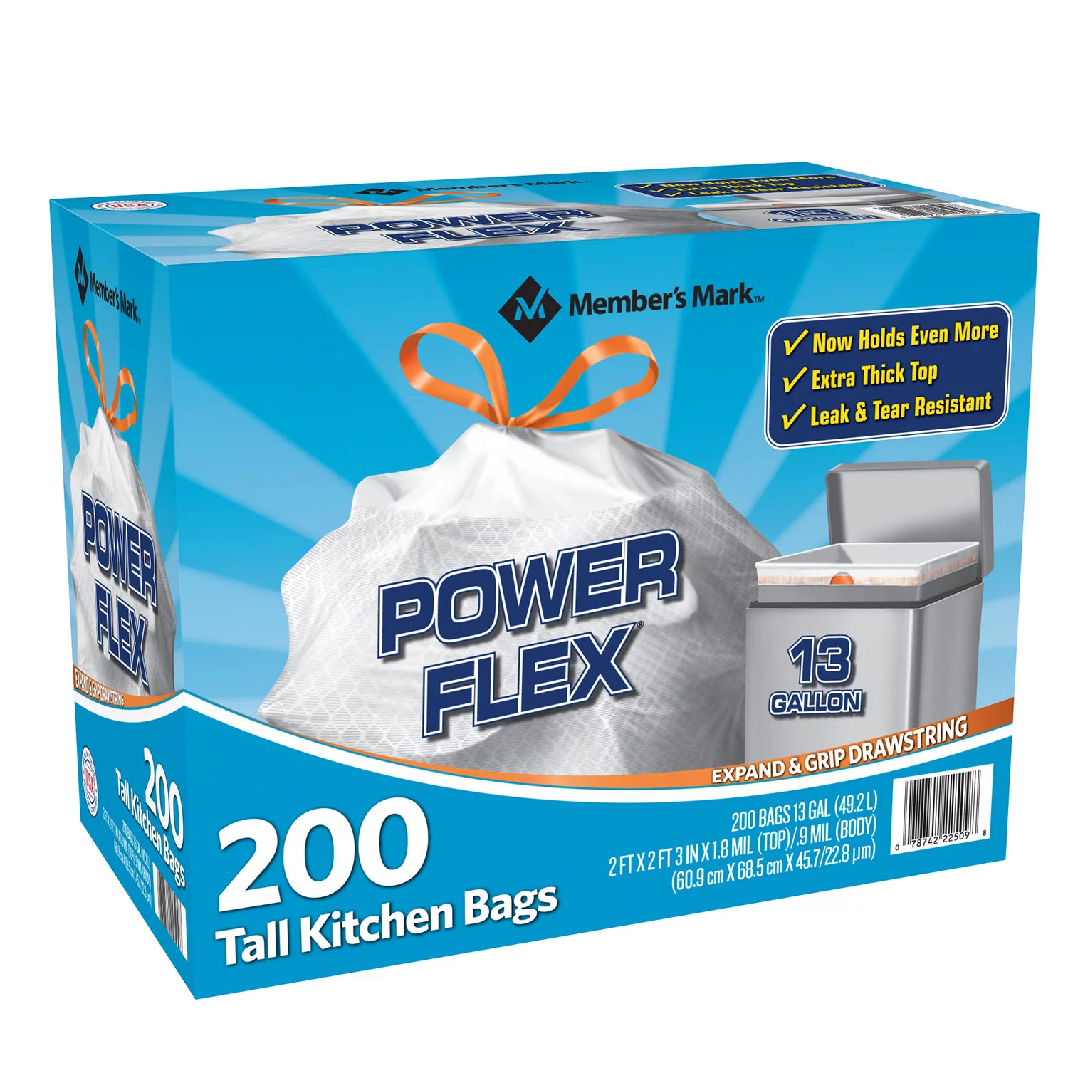 Member-s Mark Power Flex Tall Kitchen Drawstring Trash Bags. Original (13 gal.. 200 ct.)