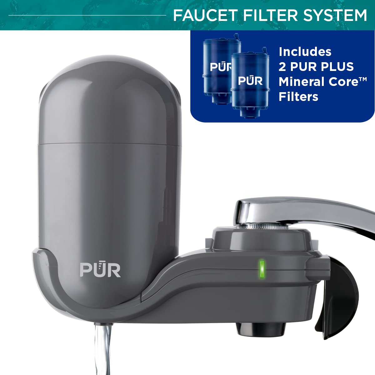 PUR PLUS Faucet Mount Water Filtration System. Gray with 2 Mineral Core Filters