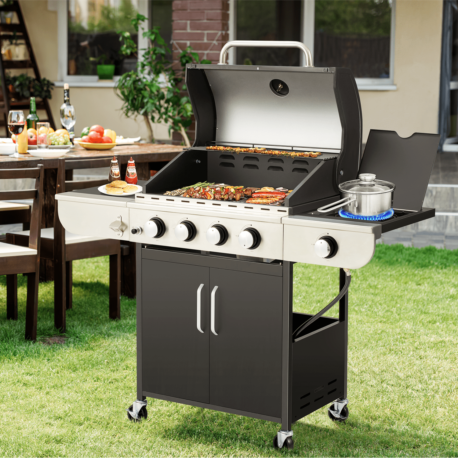 Mellcom 4 Burner Gas Grill.36000 BTU BBQ Propane Stainless Steel with Side Table for Patio Garden