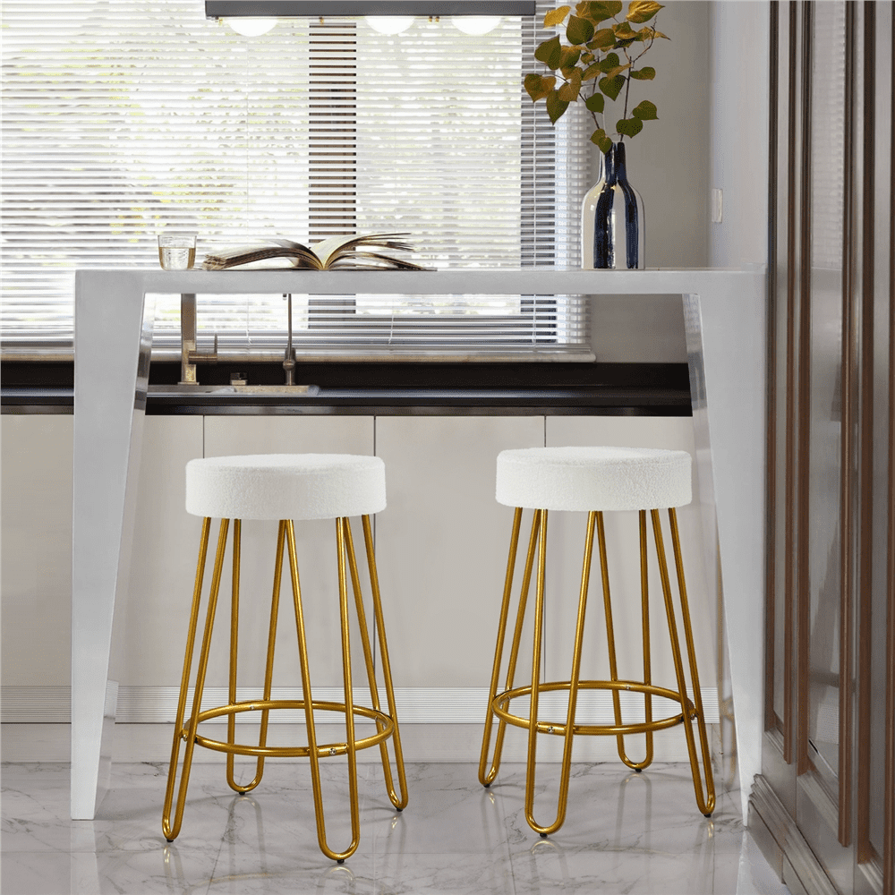 SMILE MART 26.5″H Upholstered Velvet Counter Stools with Golden Metal Legs Set of 2. Ivory