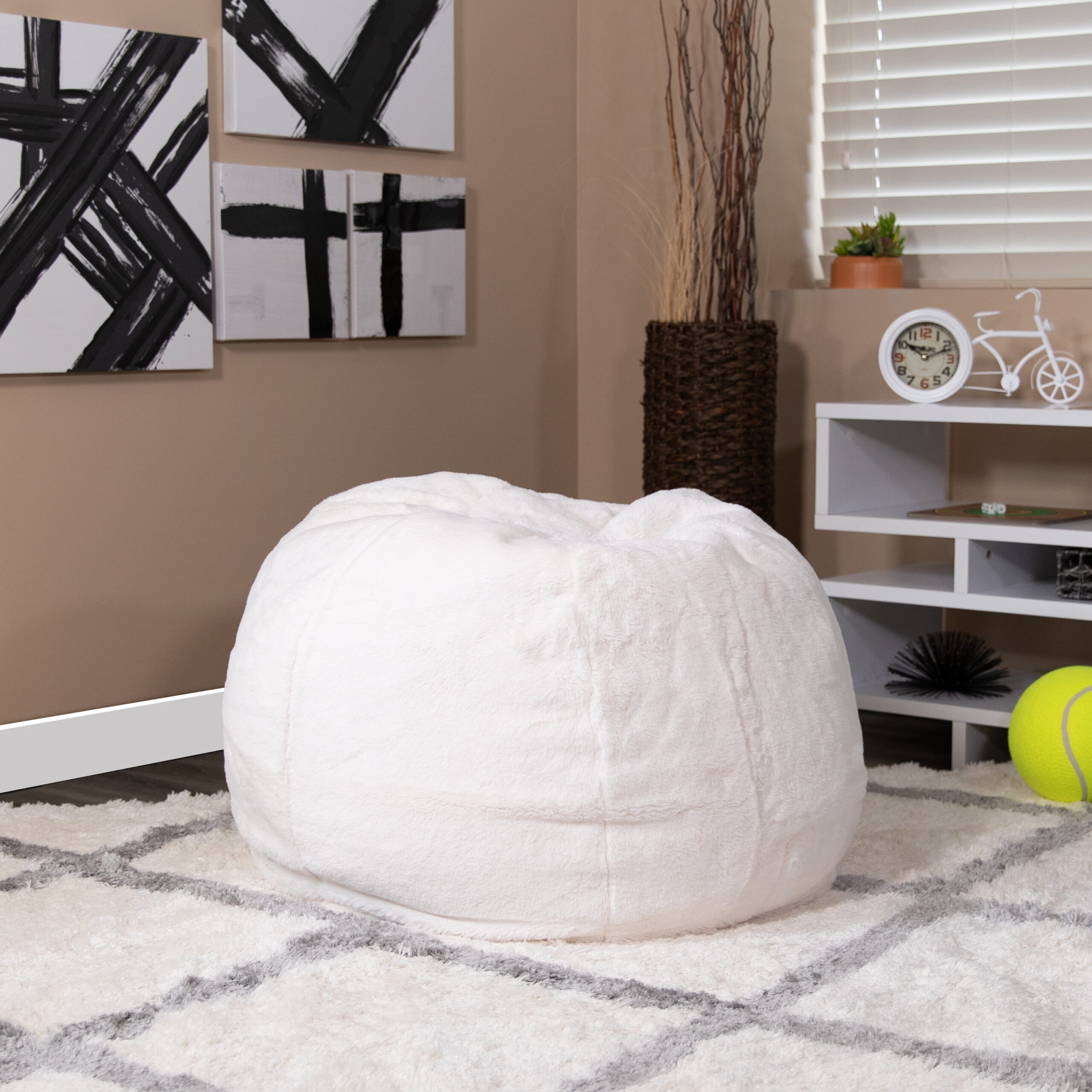 Flash Furniture Dillon Small White Furry Refillable Bean Bag Chair for Kids and Teens