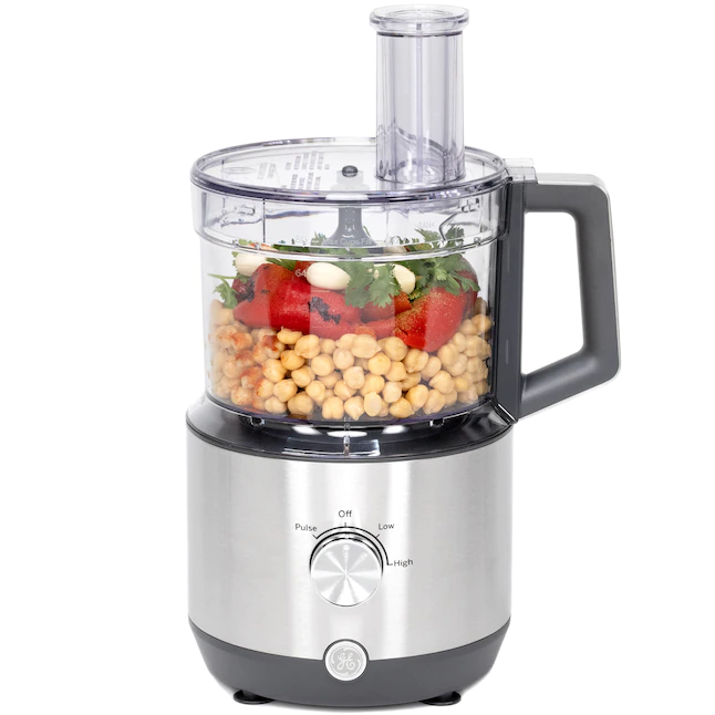 GE Food Processor | 12 Cup | Complete With 3 Feeding Tubes. Stainless Steel Mixing Blade & Shredding Disc | 3 Speed | Great for Shredded Cheese. Chicken & More | Kitchen Essentials | 550 Watts