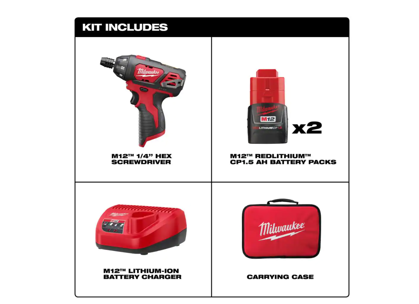 Milwaukee 2401-22 M12 12V Lithium-Ion Cordless 1/4 in. Hex Screwdriver Kit with Two 1.5Ah Batteries. Charger and Tool Bag