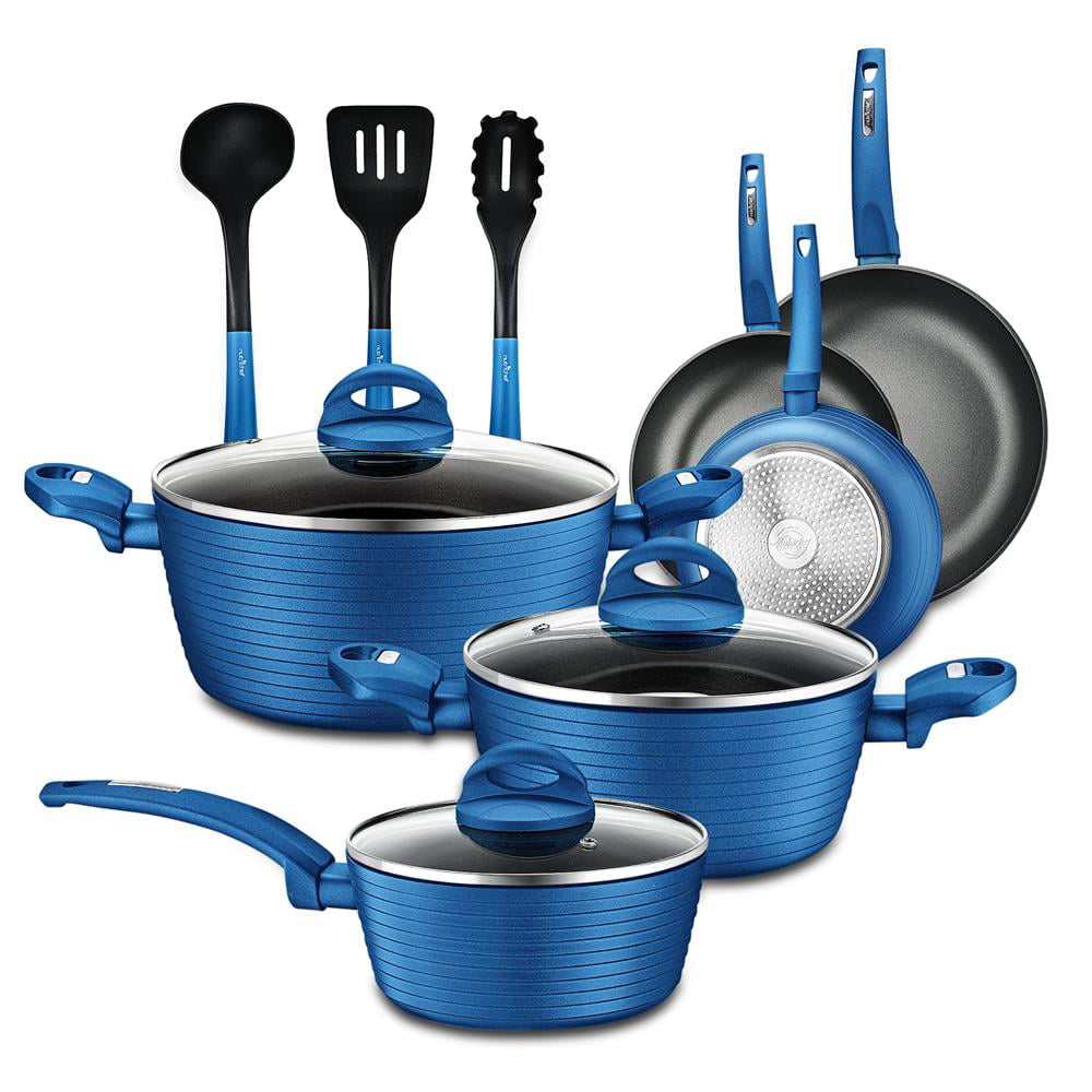 NutriChef 12pc Pots & Pans Set - Stylish Kitchen Cookware. Non-Stick Coating. Light Gray Inside and Blue Outside