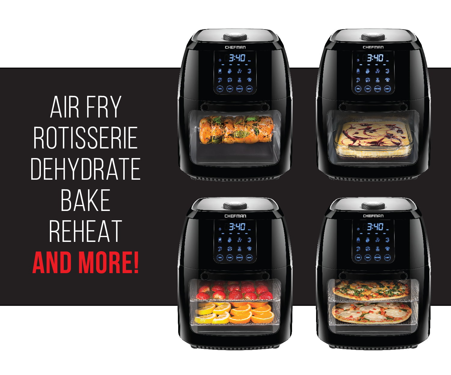 Chefman 6.3qt Digital Air Fryer. Rotisserie. Dehydrator. Convection Oven. BPA-Free. Auto Shutoff. Black