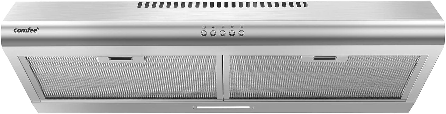 Comfee CVU30W4AST 30 inch Under Cabinet Ducted/Ductless Convertible Slim Vent Durable Stainless Steel Kitchen Reusable Filter. 3 Speed Exhaust Fan and 2 LED Lights Range Hood. 2.0 Version