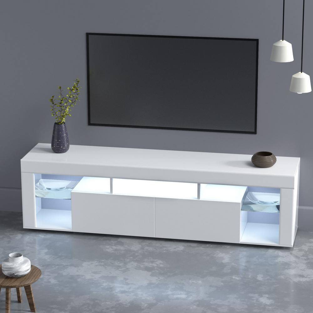 Seafuloy  63 in. White Wall-mounted Floating MDF TV Cabinet with 16 Colors of LED Lights and 2 Drawers