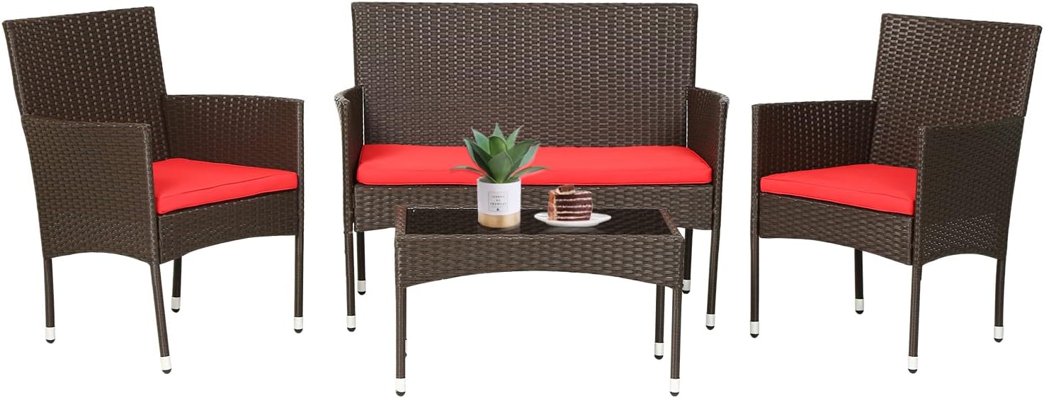 FDW 4 Pieces Wicker Patio Conversation Set Patio Furniture Set with Rattan Chair Loveseats Coffee Table for Outdoor Indoor Garden Backyard Porch Poolside Balcony.Brown Wicker/Red Cushions