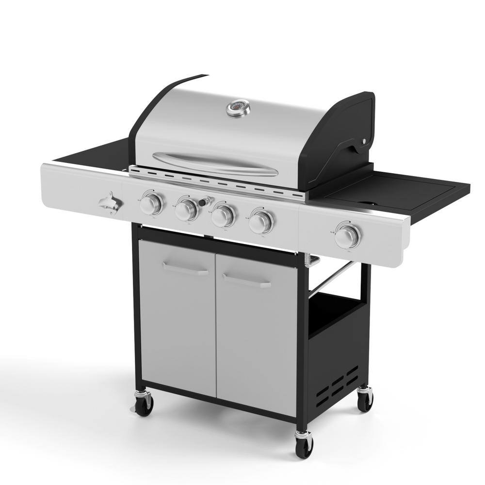 PHI VILLA THD-E2GR1 4-Burner Propane Gas Grill in Stainless Steel with Side Burner Regulator and Hose
