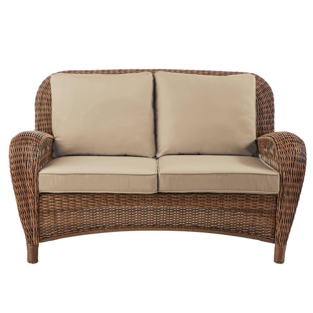 Hampton Bay  Beacon Park Brown Wicker Outdoor Patio Loveseat with Sunbrella Beige Tan Cushions