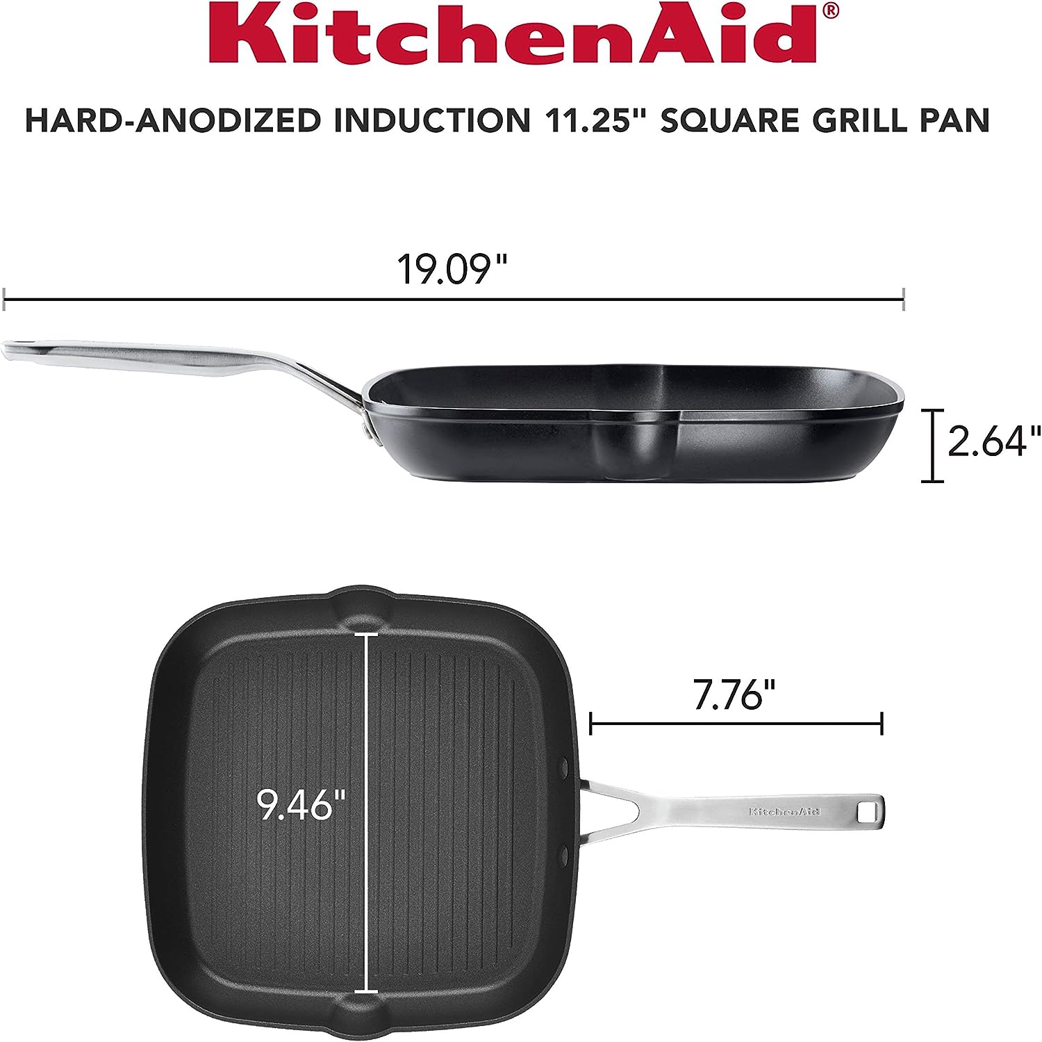 KitchenAid Hard Anodized Induction Nonstick Square Grill Pan/Griddle with Pouring Spouts. 11.25 Inch. Matte Black