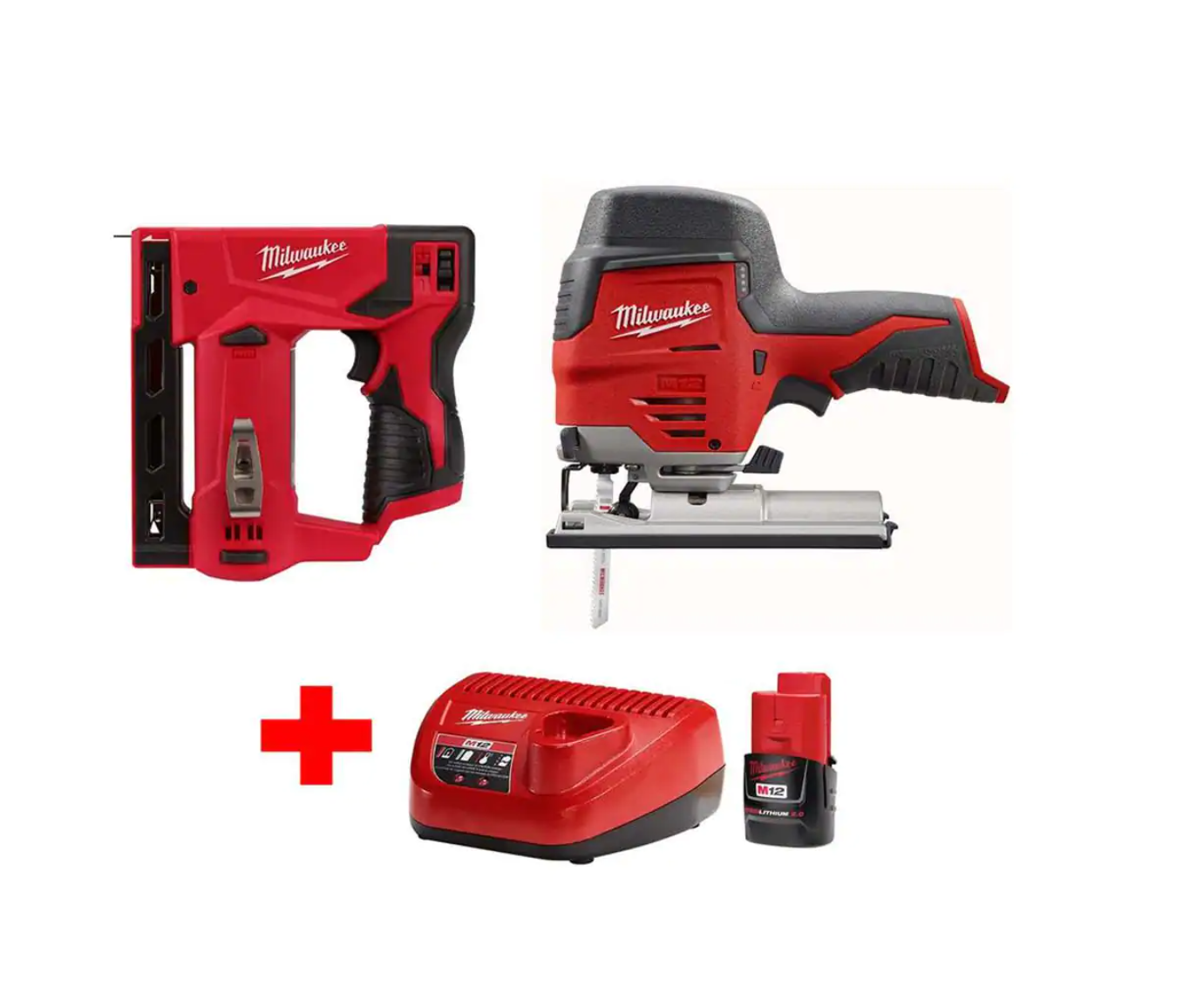 Milwaukee 2445-20-2447-20-48-59-2420 M12 12V Lithium-Ion Cordless Jig Saw and 3/8 in. Crown Stapler Combo Kit W/ (1) 2.0Ah Battery and Charger