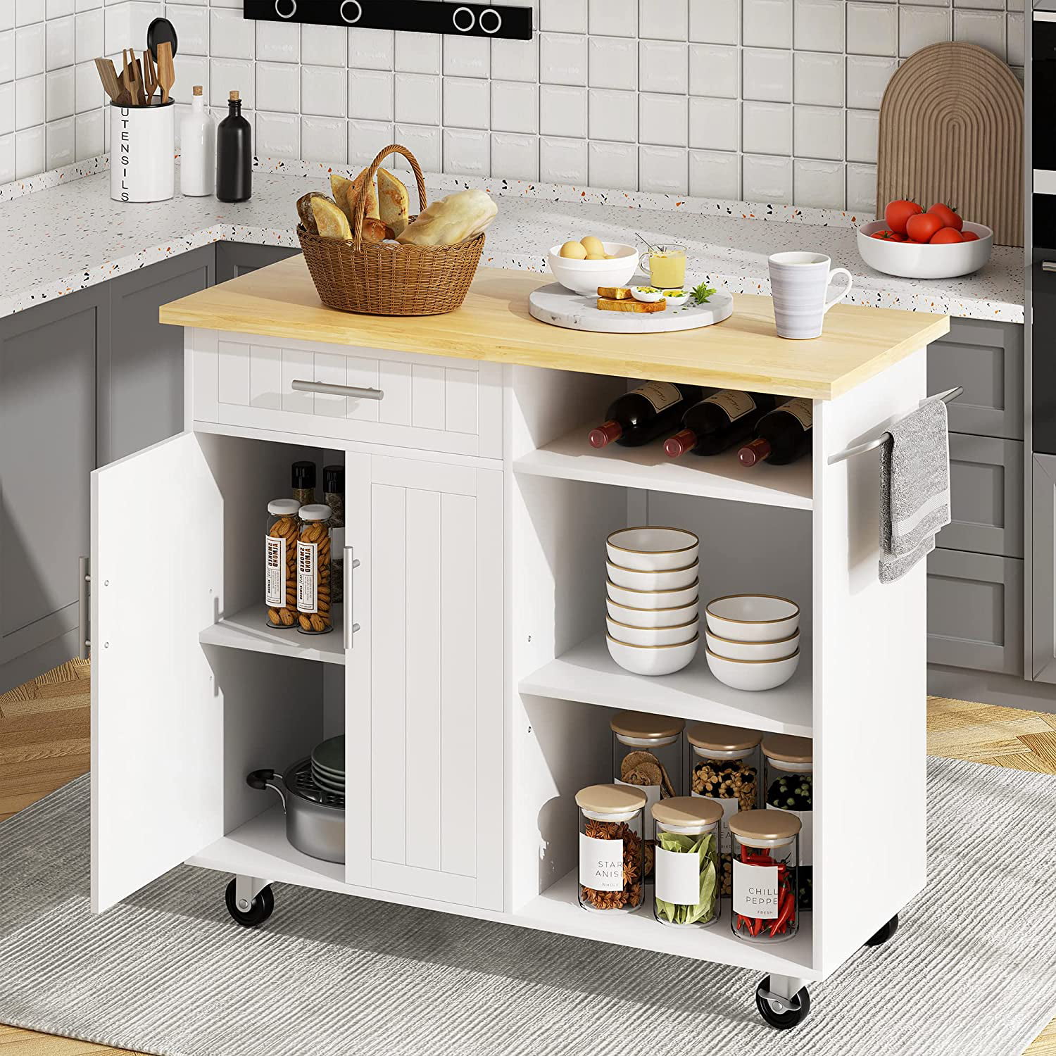 Walsunny Kitchen Island Cart with Storage.Rolling Kitchen Island Side Table on Wheels with Large Worktop.Storage Cabinet.Towel Rack and DrawersWhite