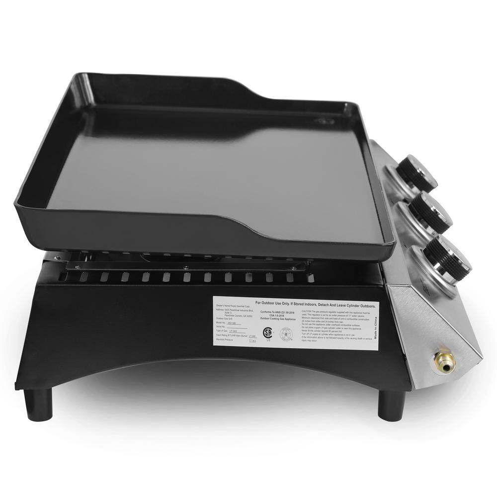 Royal Gourmet PD1300C 3-Burner 26.400-BTU Portable Gas Grill Griddle. Regulator. Cover and Carry Bag Included. Outdoor Camping. Tailgating