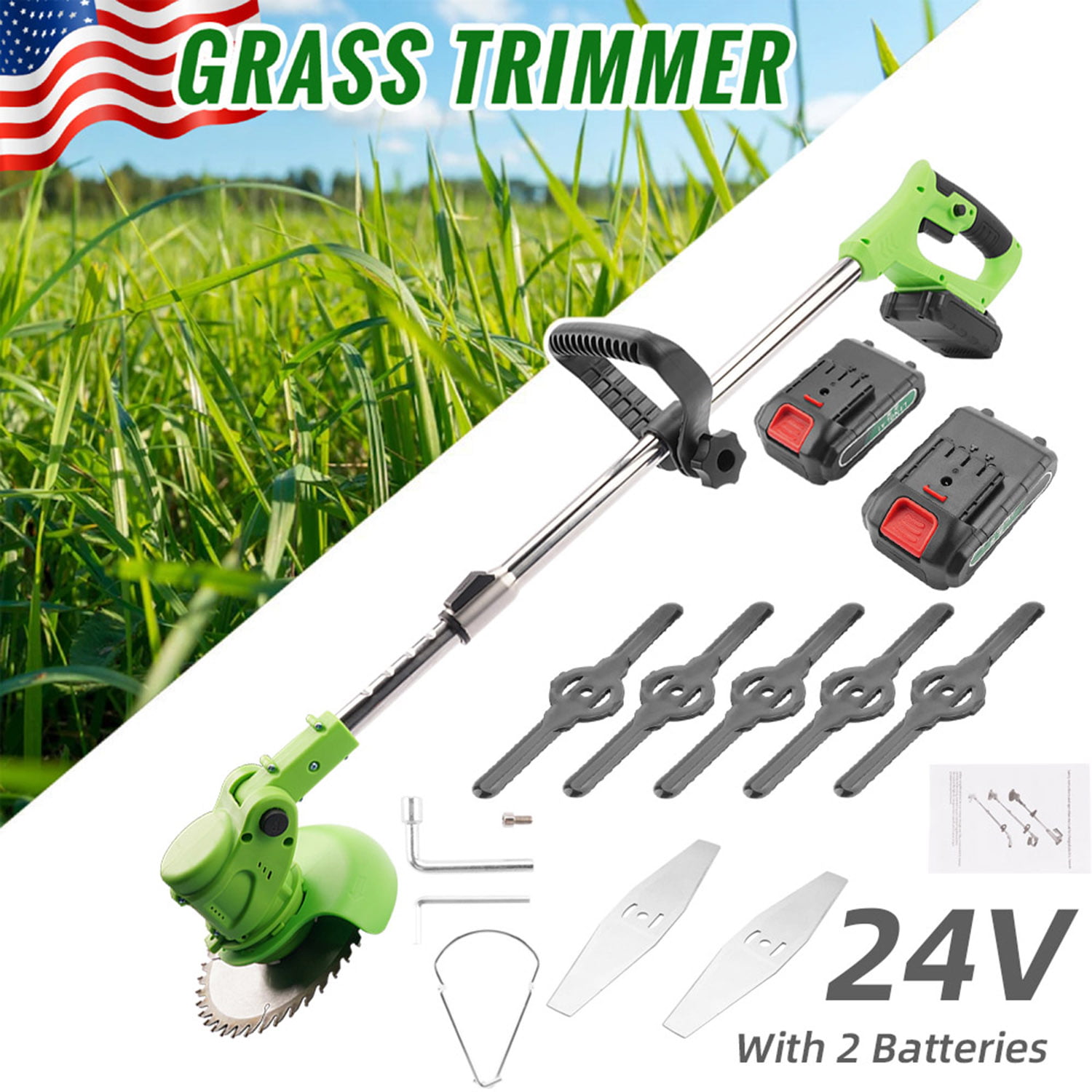 Rtmgob Electric String Trimmer. Weed Trimmer Grass Trimmer with 2x24V Battery.  Weed Eater Cordless Adjustable Telescopic Rod for Garden Yard Lawn