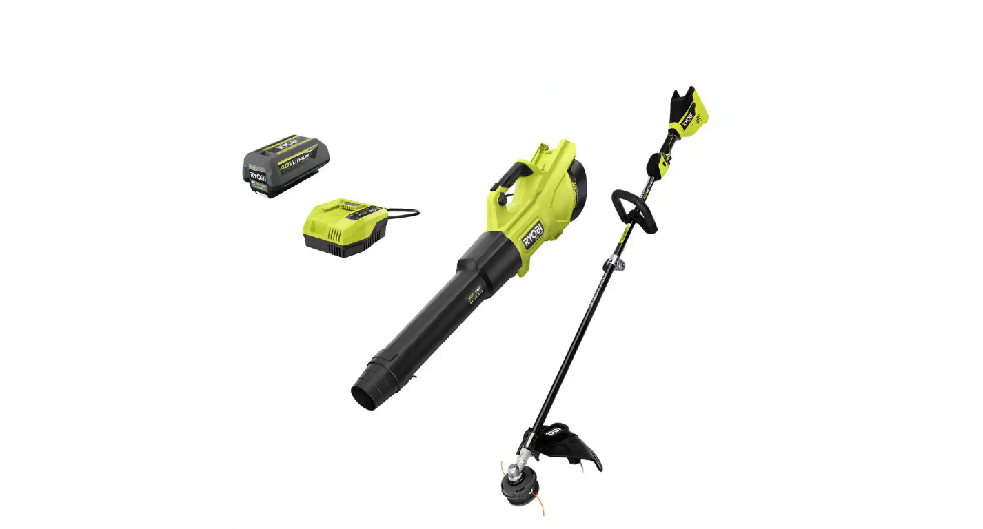 RYOBI RY40960VNM 40V HP Brushless 600 CFM 155 MPH Cordless Leaf Blower and Carbon Fiber String Trimmer with 4.0 Ah Battery and Charger