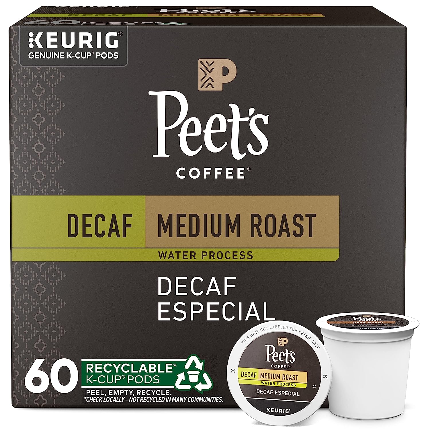 Peet-s Coffee. Medium Roast Decaffeinated Coffee K-Cup Pods for Keurig Brewers - Decaf Especial 60 Count (6 Boxes of 10 K-Cup Pods)