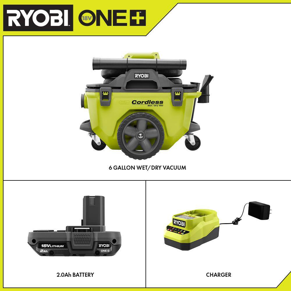 RYOBI P770-PSK005 ONE+ 18V Cordless 6 Gal. Wet/Dry Vacuum w/ Hose. Crevice Tool. Floor Nozzle. Extension Wand. 2.0 Ah Battery. and Charger