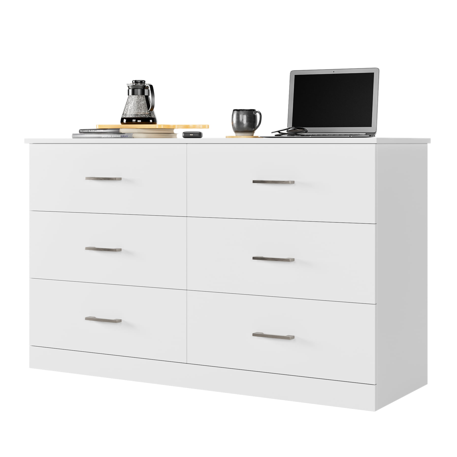 Homfa 6 Drawer White Double Dresser. Wood Storage Cabinet with Easy Pull Out Handles for Living Room. Chest of Drawers for Bedroom