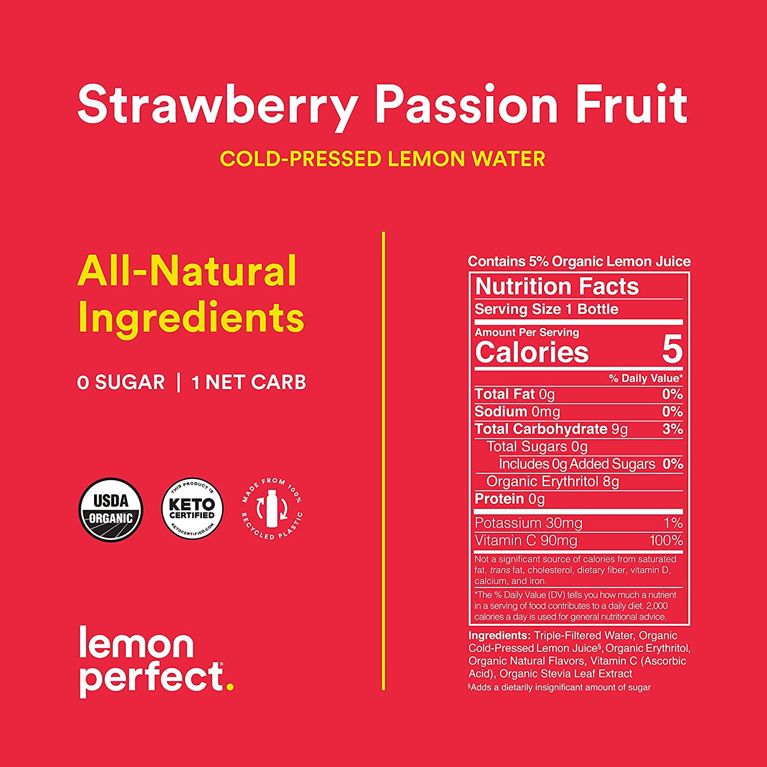 Lemon Perfect. Organic Cold-Pressed Lemon Water. Flavored Water. Strawberry Passion Fruit (12-Pack)