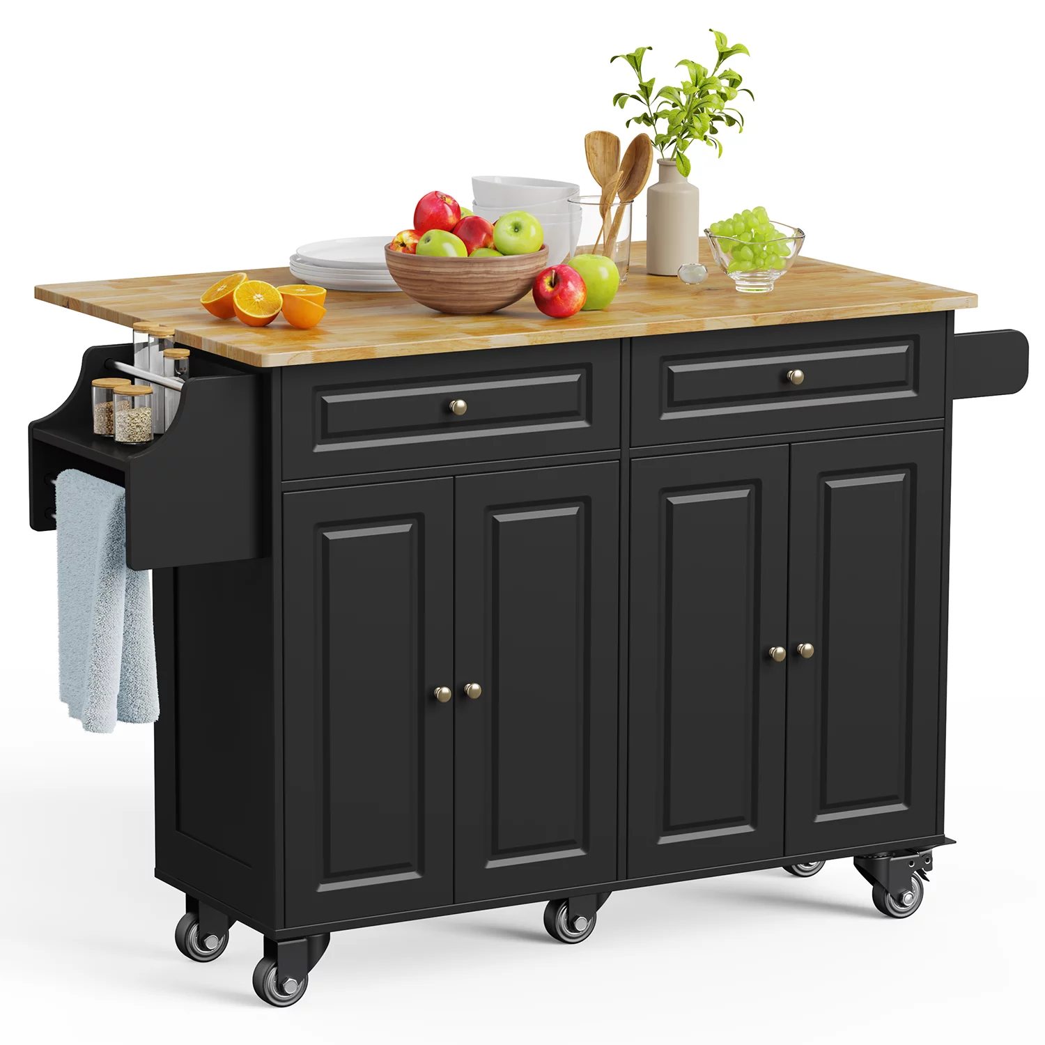 Bealife 52″ Kitchen Island Carts with Storage on Wheels. Black