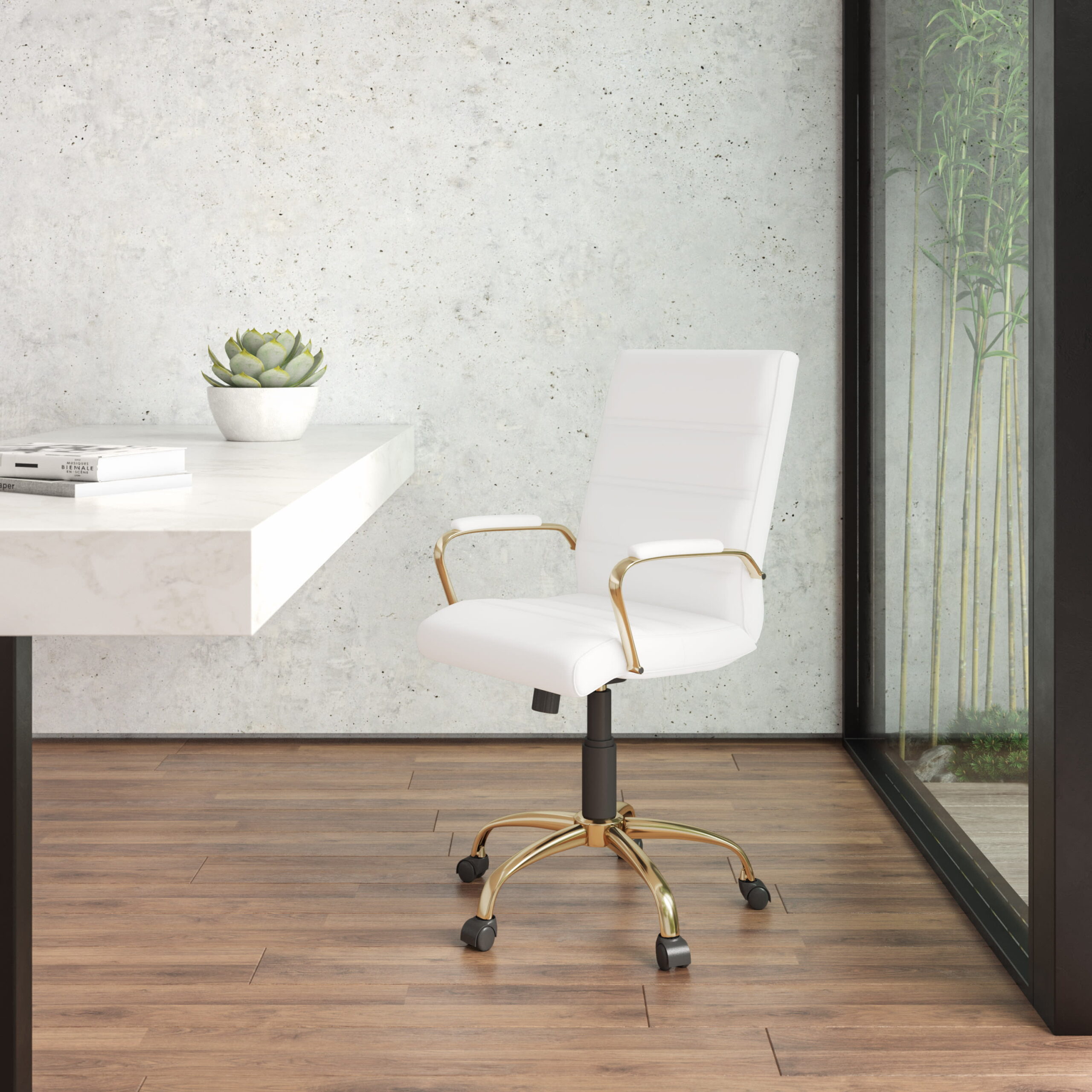 Flash Furniture Mid-Back White LeatherSoft Executive Swivel Office Chair with Gold Frame and Arms