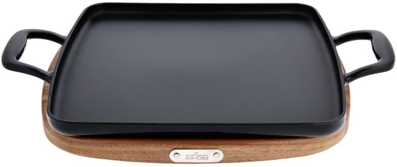 All-Clad Cast Iron Square Grill with Acacia Trivet 11 Inch Induction Oven Broil Safe 650F Pots and Pans. Cookware Black