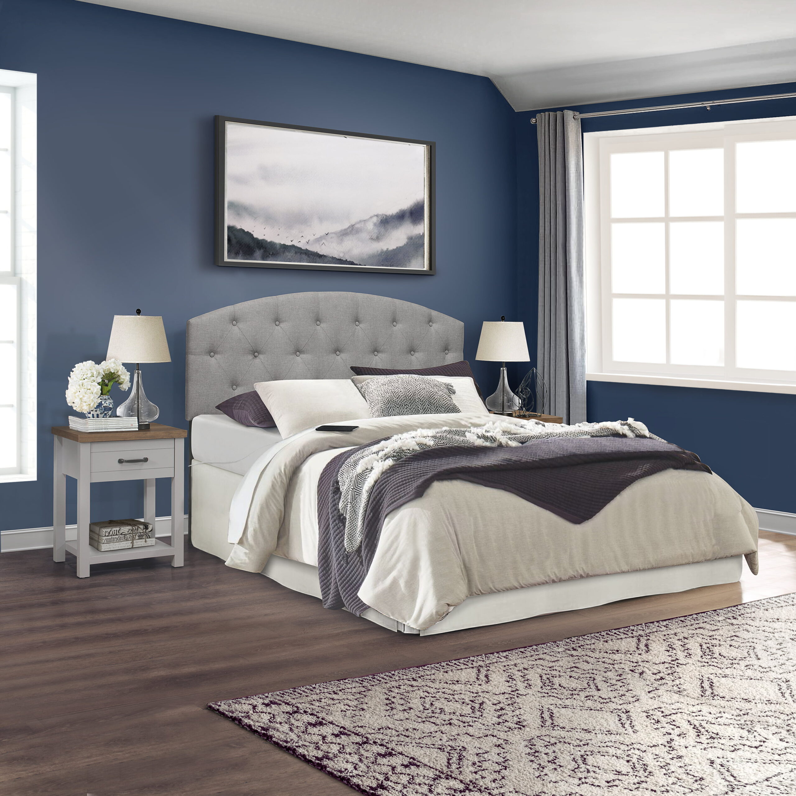 Lancaster Farmhouse Oak Top 1 Drawer Nightstand. Set of 2. Gray