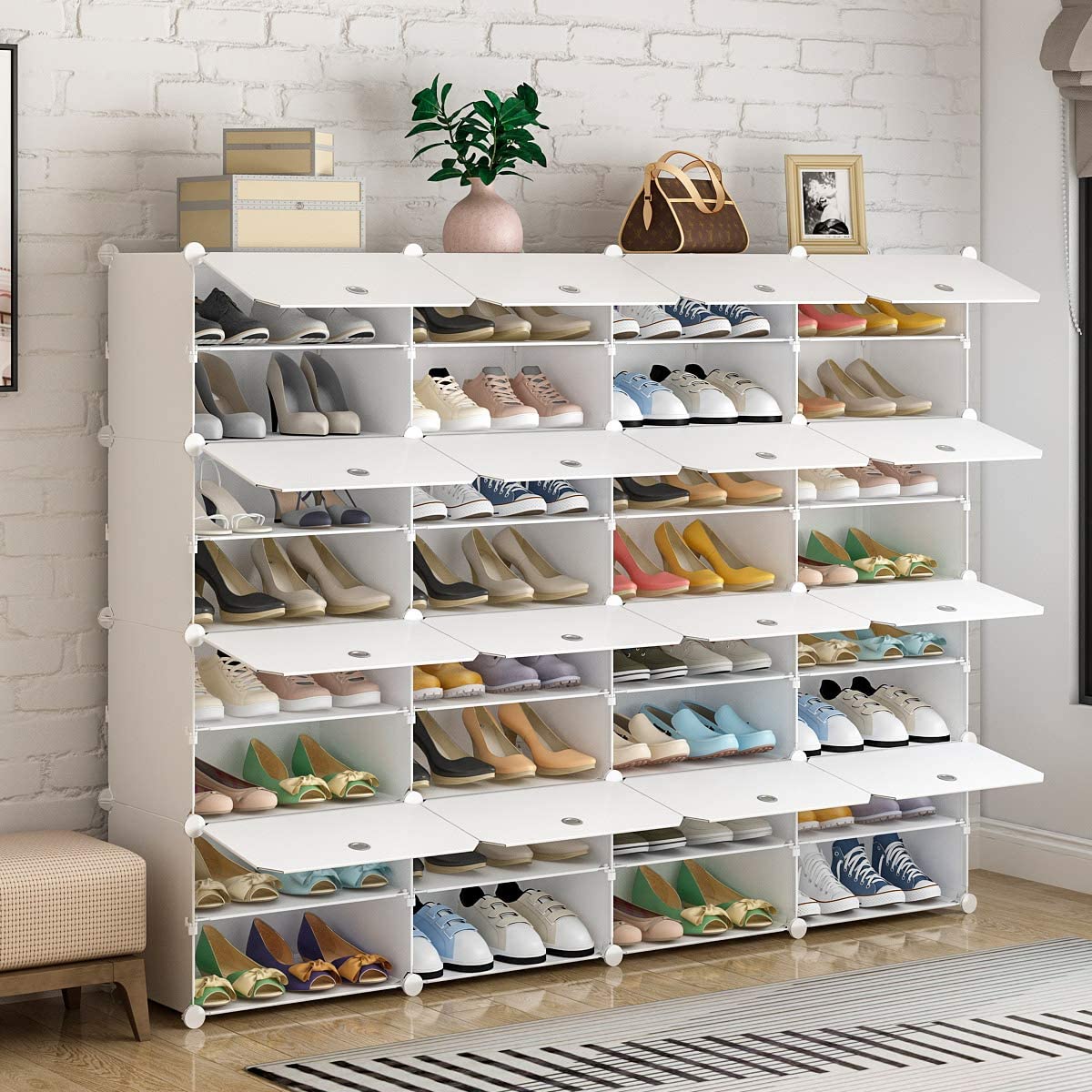Just Buy IT Portable Shoe Rack Organizer 8-Tier Portable 64 Pair Shoe Rack Organizer 32 Grids Tower Shelf Storage Cabinet Stand Expandable for Heels. Boots. Slippers. White