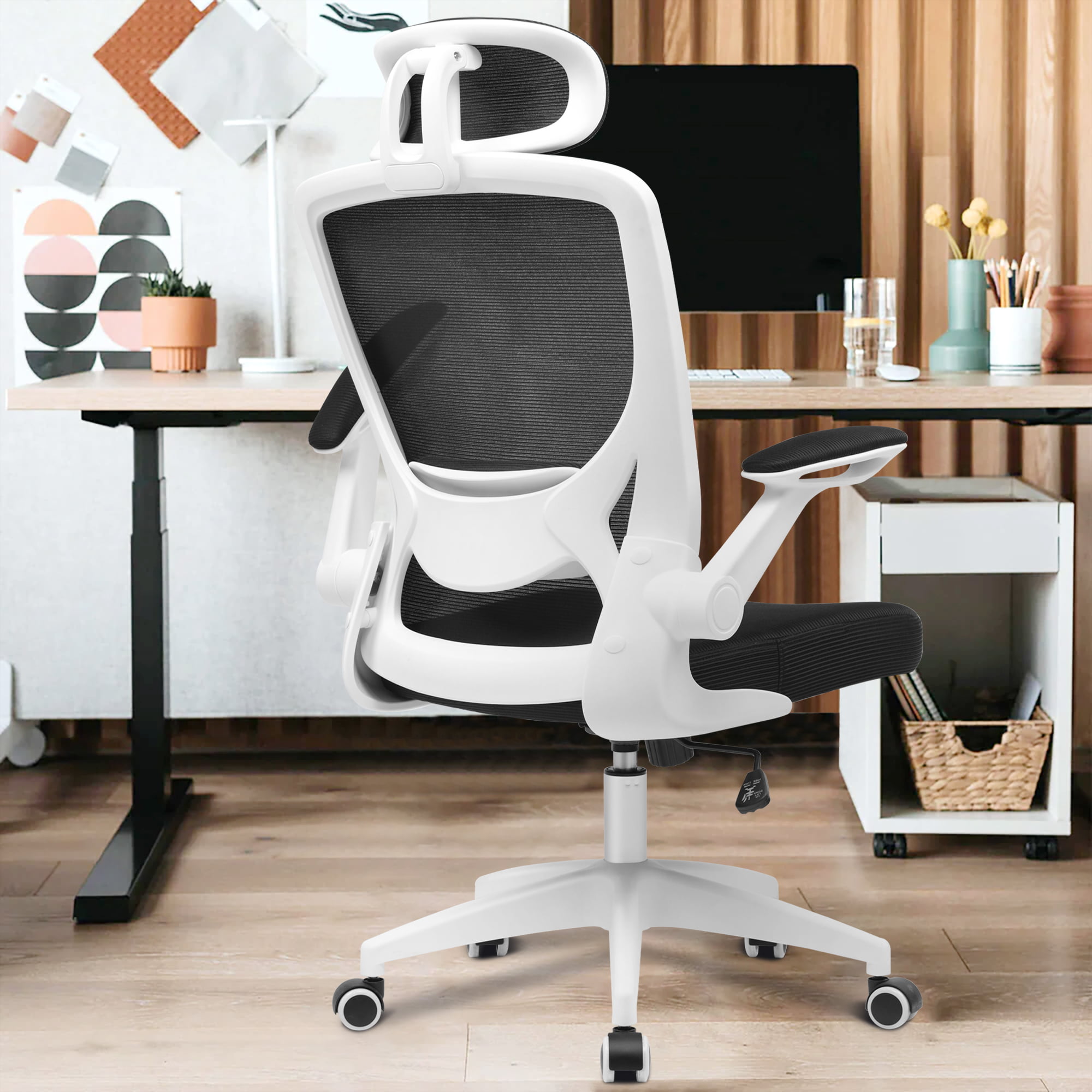 Ergonomic Office Chair. Coolhut Breathable Mesh Desk Chair with Headrest and Flip-up Arms (White)