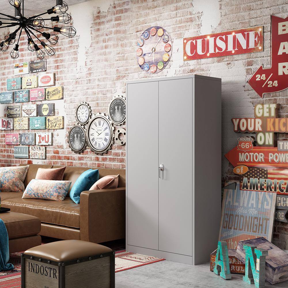 Hephastu HD-DH002 36 in. W x 72 in. H x 18 in. D 4 Shelves 2-Doors Gauge Garage Cabinet Steel Storage Freestanding Cabinet in Grey