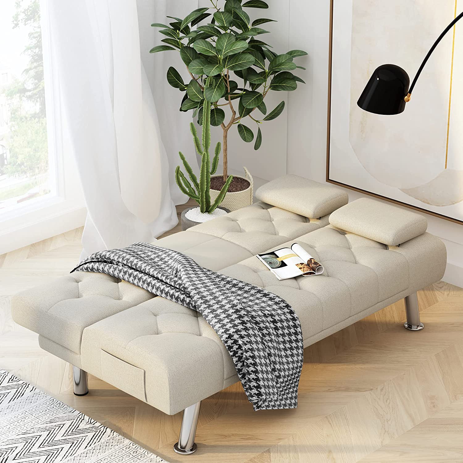 Homfa Upholstered Sofa Bed Couch. Convertible Futon Sleeper Sofa with Removable Armrests and 2 Cup Holders. Cream White