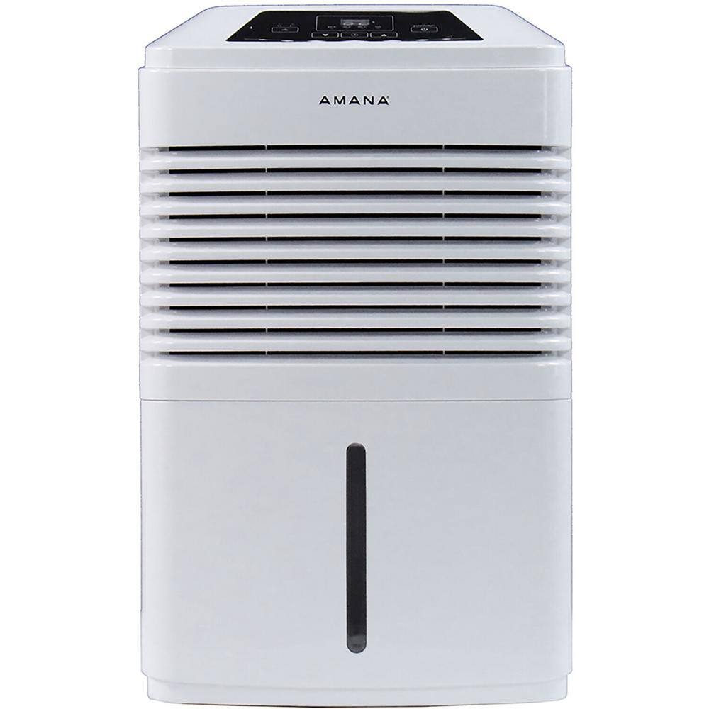 Amana AMAD481BW 48 pt. Portable Dehumidifier with Adjustable Humidistat. Auto Shut-Off. 24-Hour Timer for Bathrooms. Basements. Bedrooms