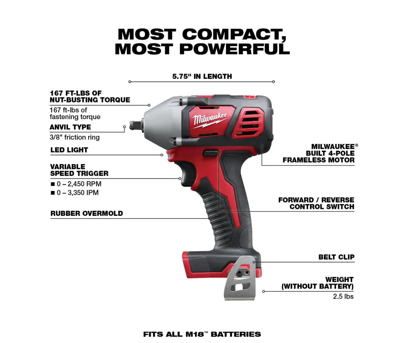 Milwaukee 2658-20-48-59-1850 M18 18V Lithium-Ion Cordless 3/8 in. Impact Wrench W/ Friction Ring W/ M18 Starter Kit (1) 5.0Ah Battery & Charger
