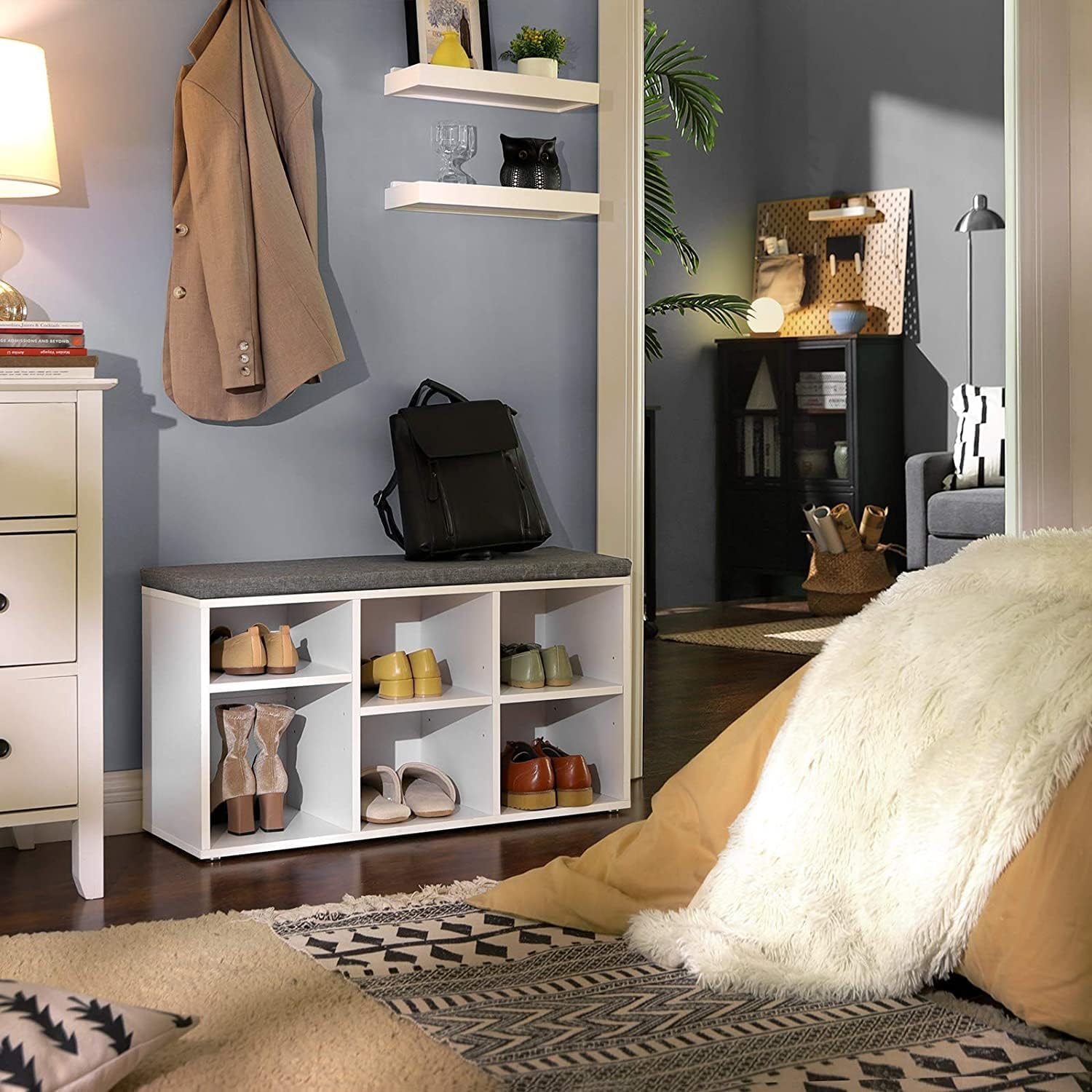 VASAGLE Shoe Bench. Shoe Storage Organizer with 6 Compartments and 3 Adjustable Shelves. Cushioned Seat. Compact and Narrow. for Entryway. Hallway. Closet. White and Gray ULHS23WT
