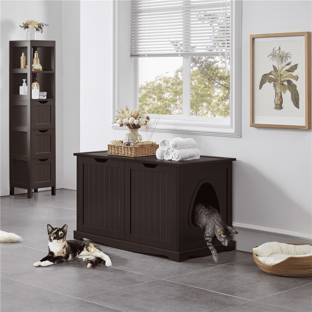 SmileMart Wooden Cat Litter Box Side Table Washroom Storage Bench with Divider. Espresso
