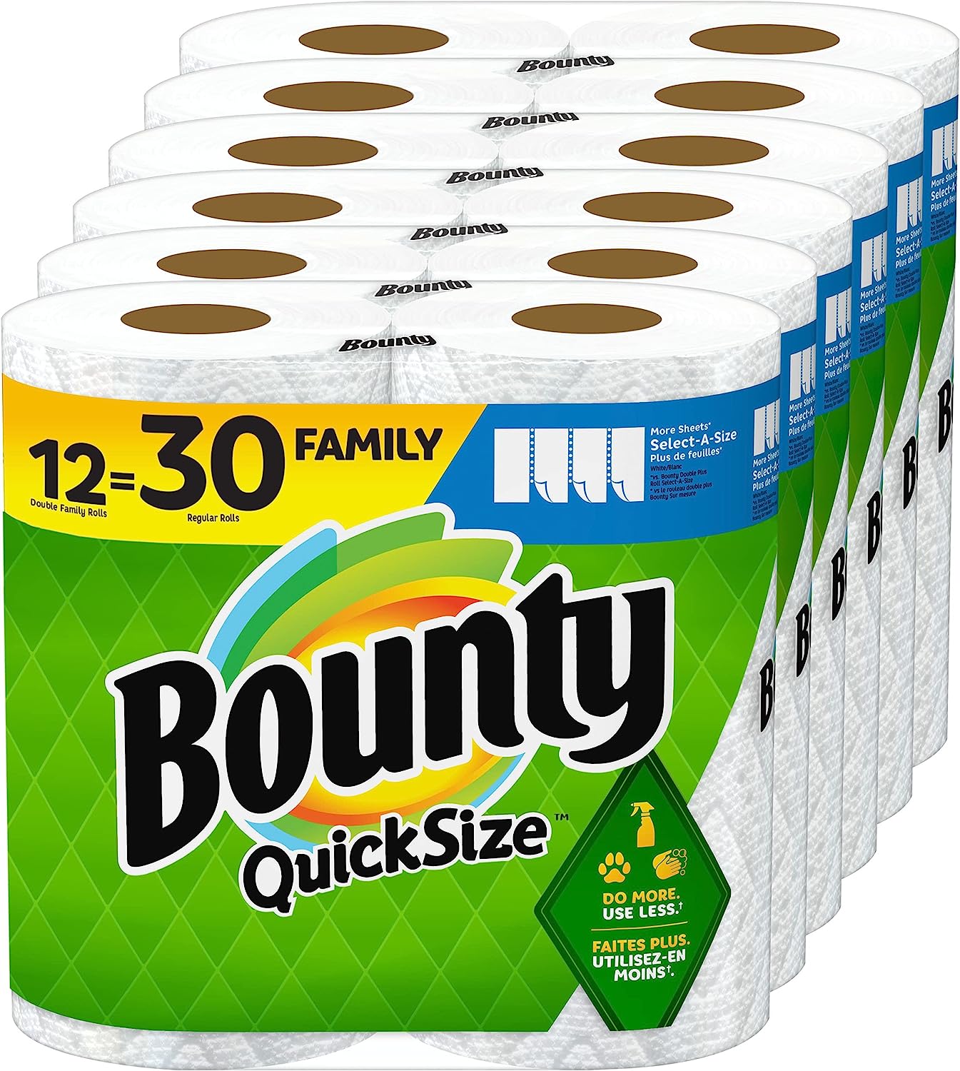 Bounty Quick-Size Paper Towels. White. 12 Family Rolls = 30 Regular Rolls (Packaging May Vary)
