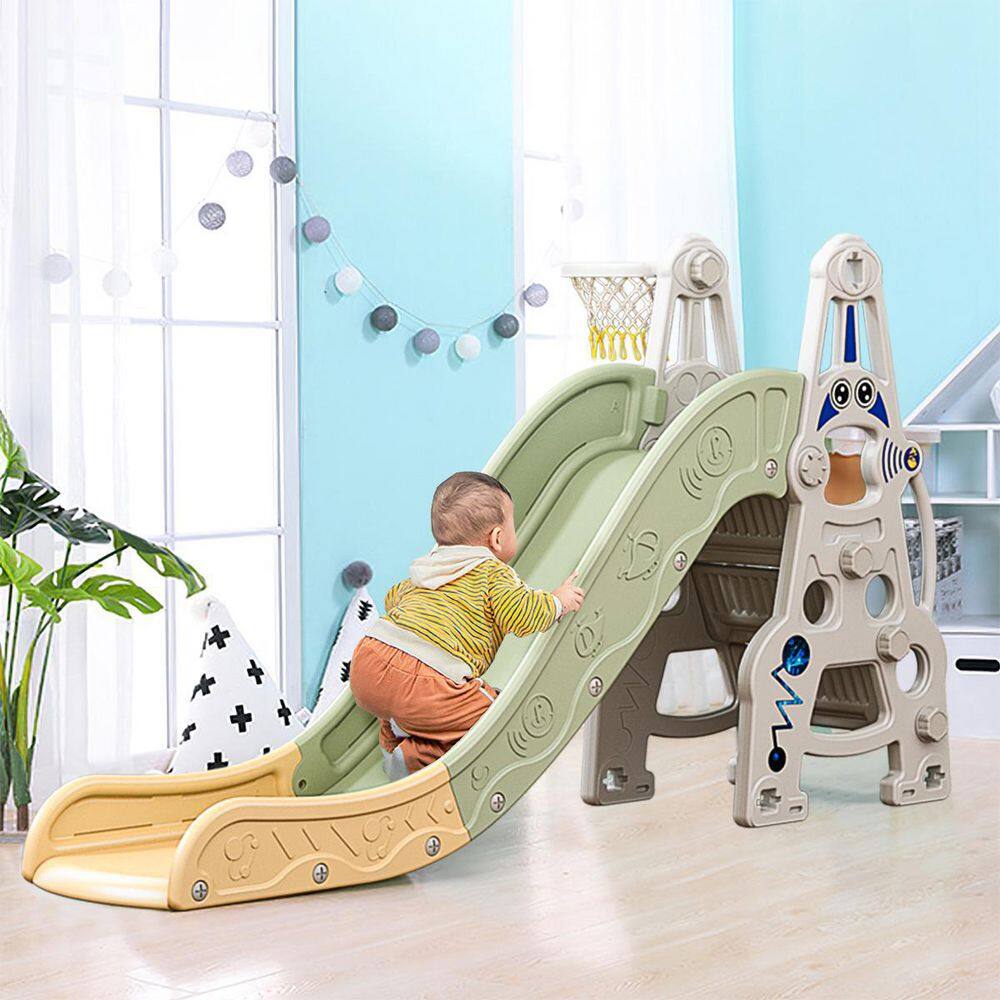 TIRAMISUBEST SYXY60698616 5.6 ft. Green Wave Slide Climber Playset with Basketball Hoop