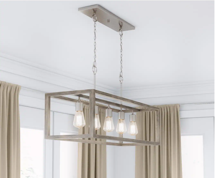 Hampton Bay 7965HBBNDI Boswell Quarter 34 in. 5-Light Brushed Nickel Farmhouse Linear Chandelier with Weathered Wood Accents
