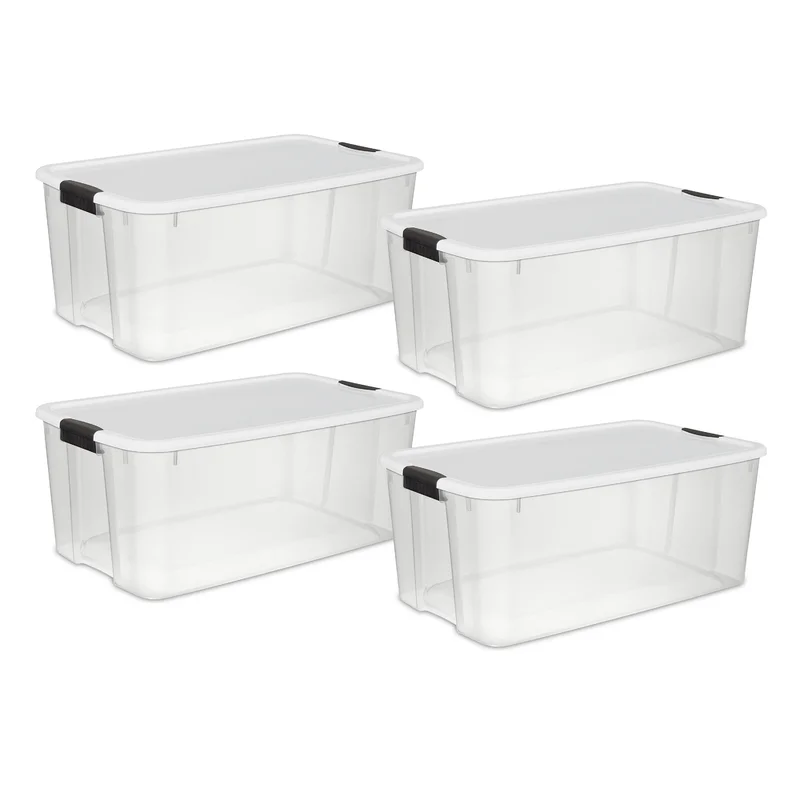 Sterilite 19909804 116 Quart/110 Liter Ultra Latch Box. Clear with a White Lid and Black Latches. 4-Pack