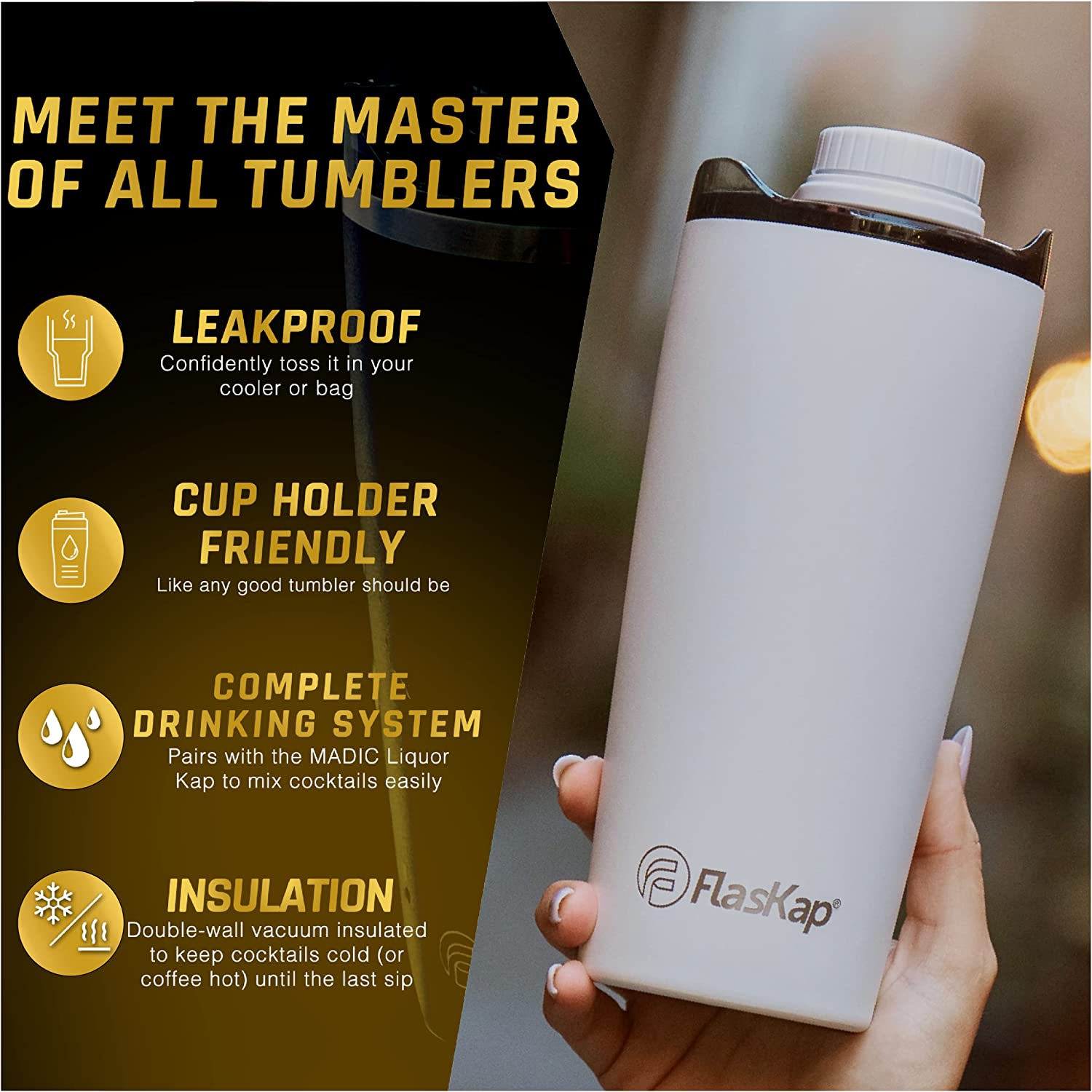 FlasKap VOLST 30 Insulated Tumbler with Standard Lid | Double-Wall Vacuum Insulated - Leak-Proof. Cup Holder Friendly. Fits MADIC 9 (30 oz. Bright White)