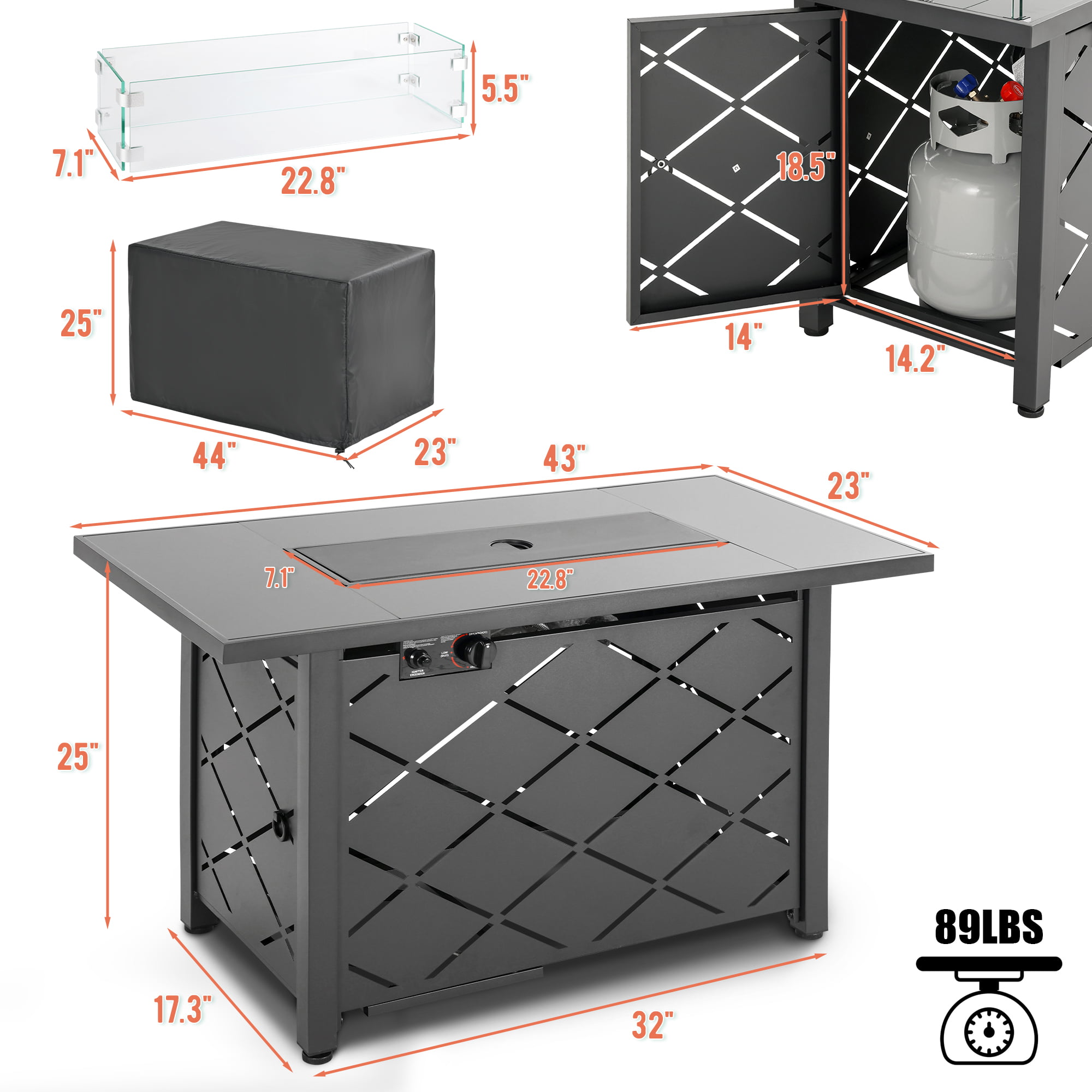 Outdoor Propane Fire Pit Table. 43 inch 60.000 BTU Auto-Ignition Outdoor Gas Fire Pit Tables with Glass Wind Guard. Lava Stone for Garden
