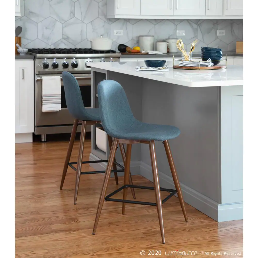 Lumisource Pebble 24 in. Walnut and Blue Counter Stool (Set of 2)