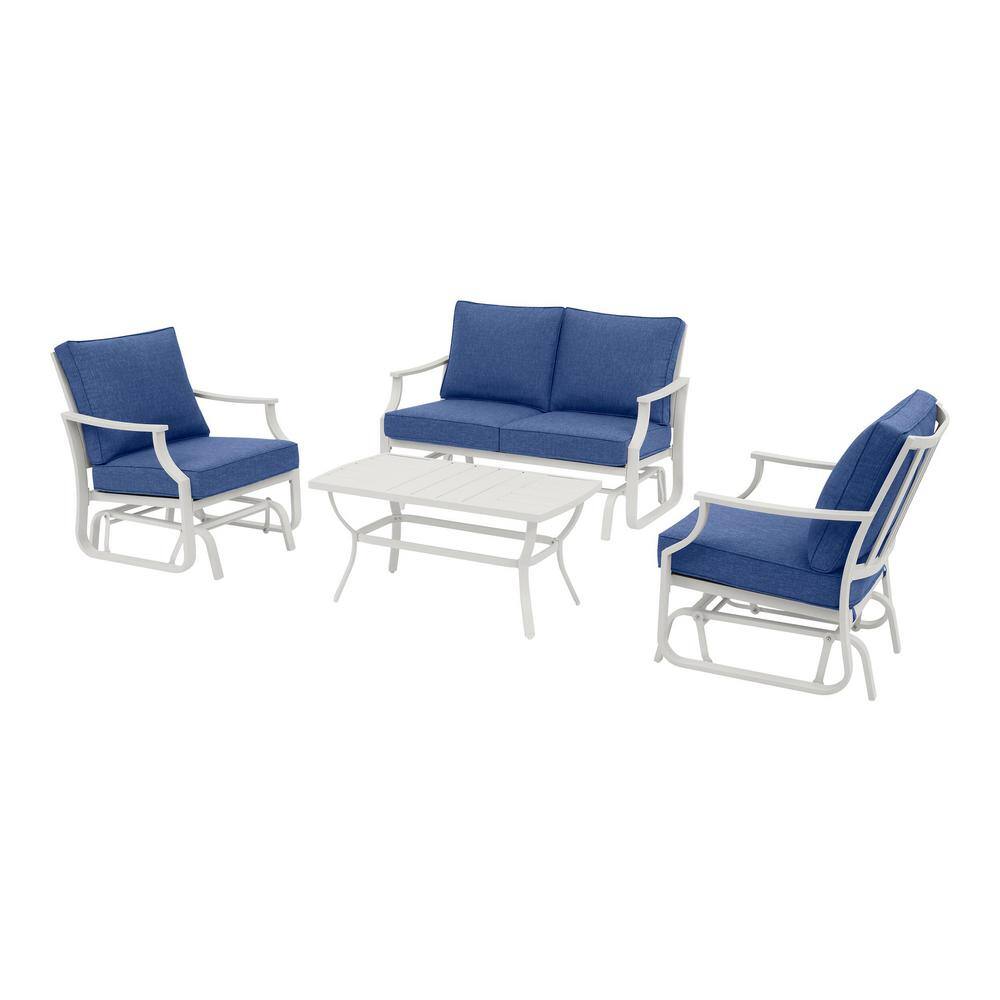 Hampton Bay  Harbor Point White 4-Piece Metal Patio Conversation Set with CushionGuard Mariner Blue Cushions