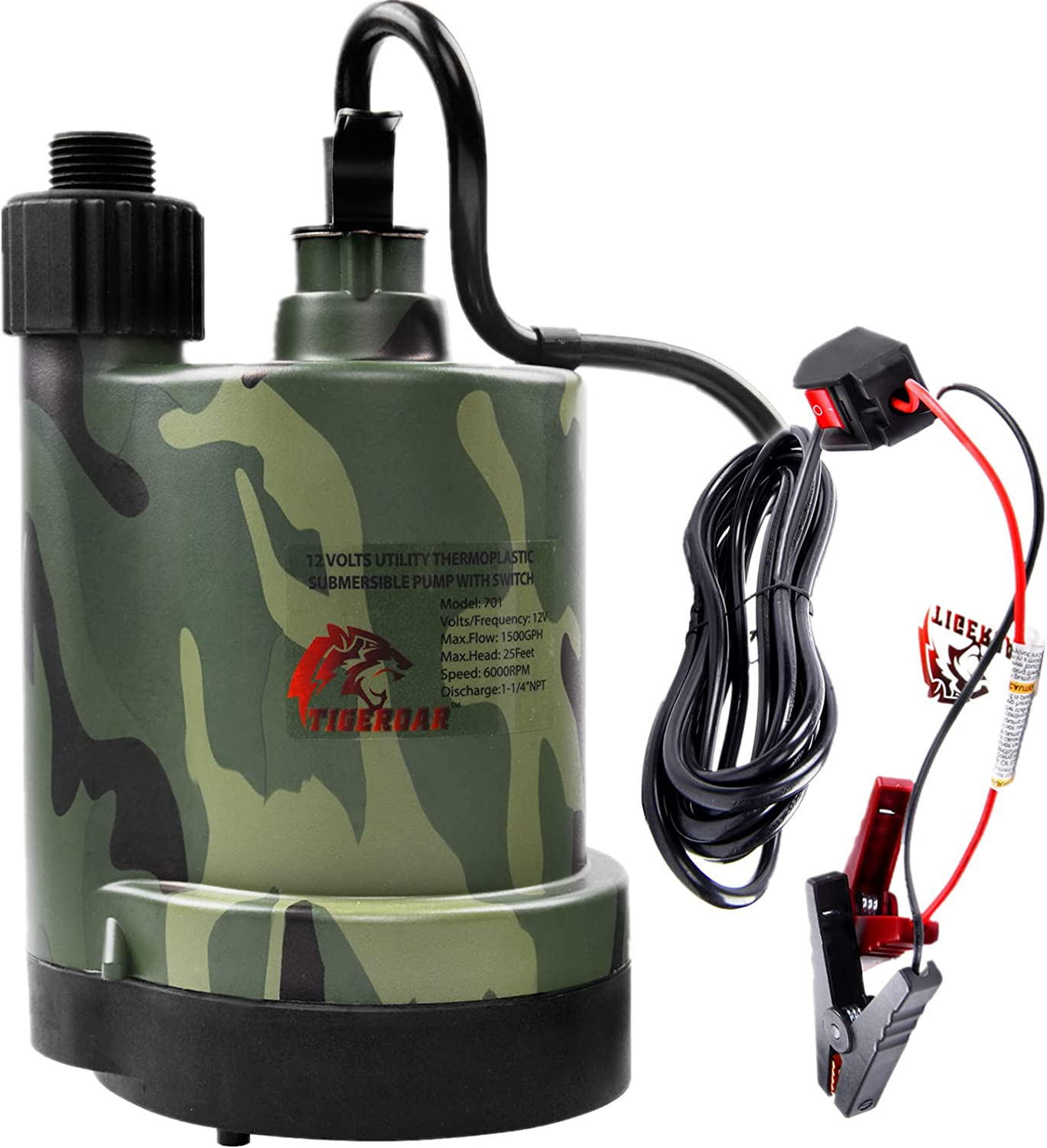 TIGEROAR 12V DC Submersible Water Pump 1500 GPH Water Transfer Pump with 20 ft. Cord and Sump Pump Hose Adapter for Utility Pump Camouflage Color