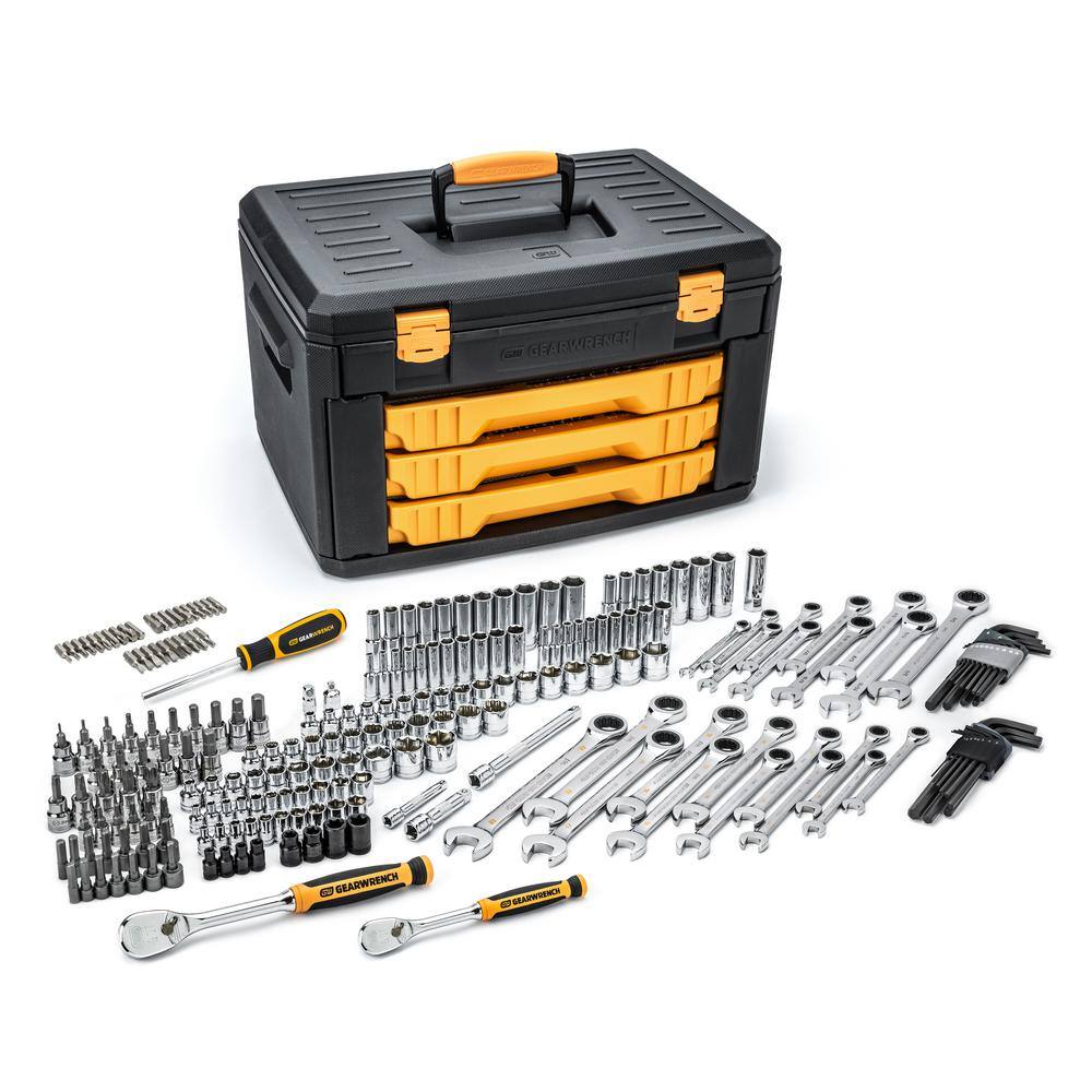 GEARWRENCH 80949 1/4 in. and 3/8 in. Drive 90-Tooth Standard and Deep SAE/Metric Mechanics Tool Set in 3-Drawer Storage Box (232-Piece)
