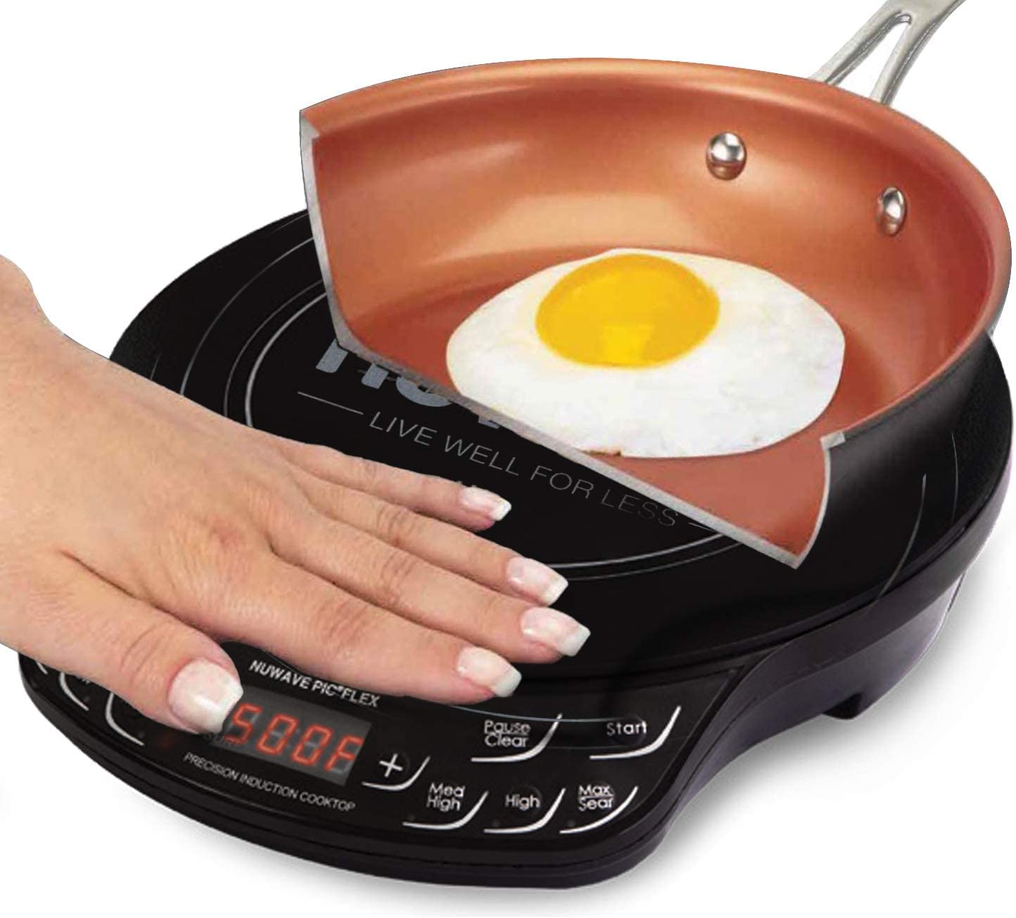 NUWAVE Flex Precision Induction Cooktop. Portable. Powerful with Large 6.5 Heating Coil. 45 Temperature Settings 100°F to 500°F. 3 Wattage Settings 600. 900. & 1300W. 9 Non-Stick Fry Pan included
