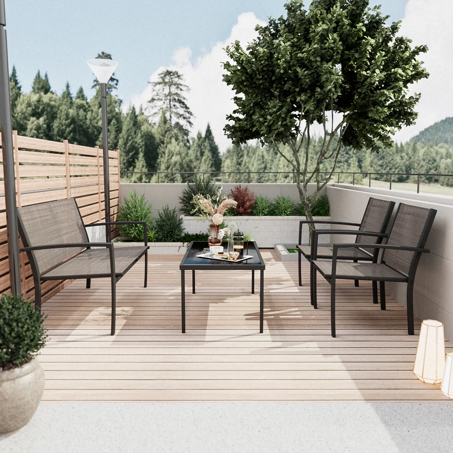 LACOO 4 Pieces Outdoor Furniture Set Patio Textilene Steel Conversation Set with Loveseat Tea Table for Lawn and Balcony. Beige