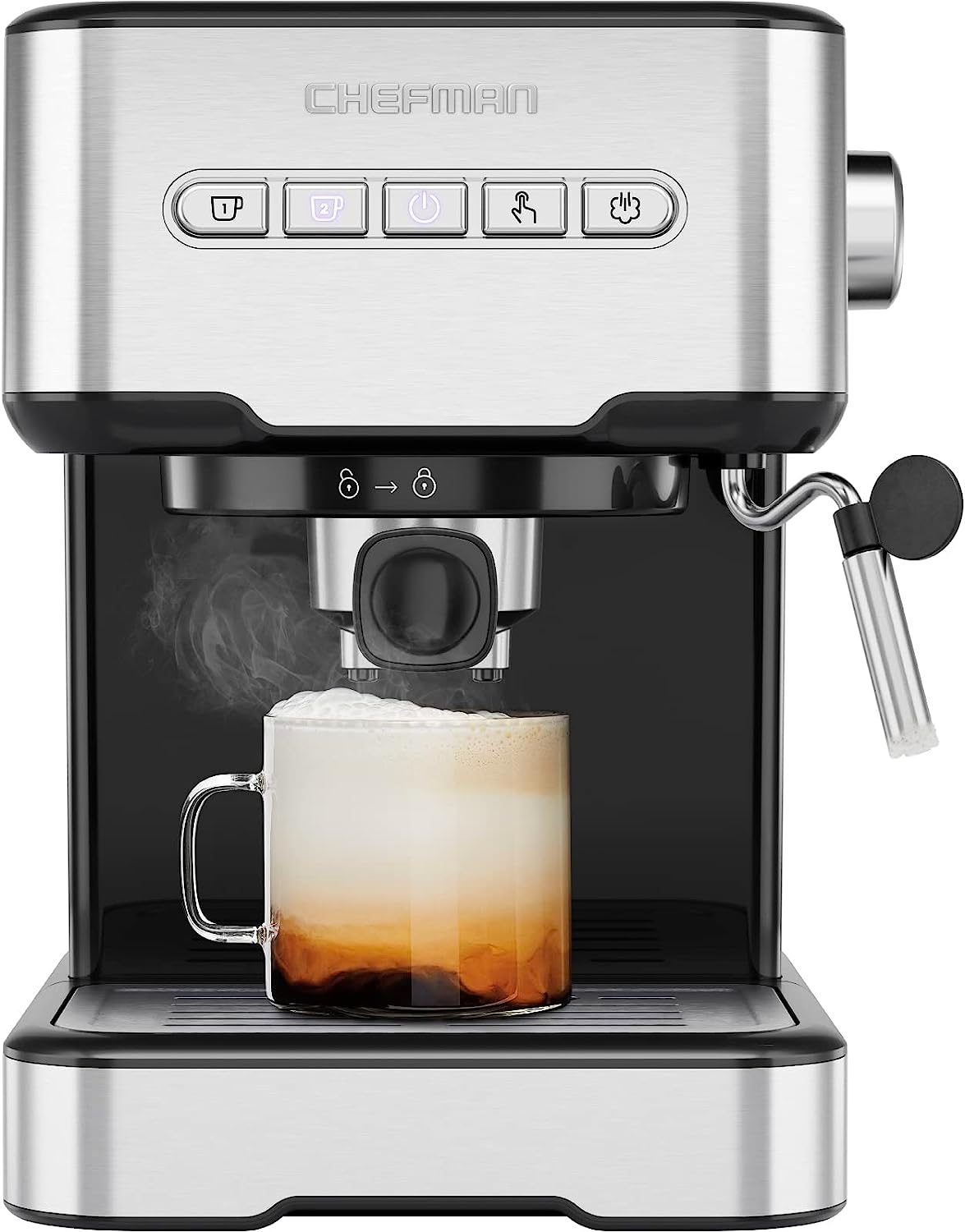 Chefman 6-in-1 Espresso Machine with Steamer. One-Touch Single or Double Shot Espresso Maker. Coffee Maker. Cappuccino Machine. Latte Maker. Built-In Milk Frother Coffee Machine. Stainless Steel